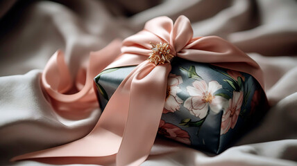 Beautifully wrapped Mother's Day gift, adorned with a delicate satin bow and placed on a soft, textured fabric.