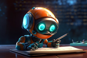 Cute little robot writes chatGPT bot answers. cartoon character design. Ai generated