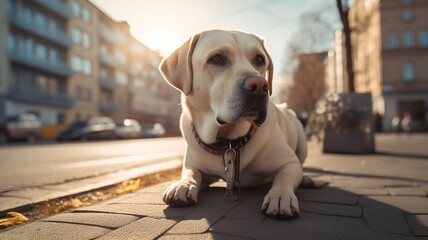 Uroczy beżowy labrador odpoczywa na chodniku, spacer w mieście, miejski krajobraz w tle, miejsce na tekst. Wygenerowano AI.