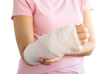 Close-up of a broken arm of a woman in a cast in a pink t-shirt on a isolated transparent png. Accident insurance.
