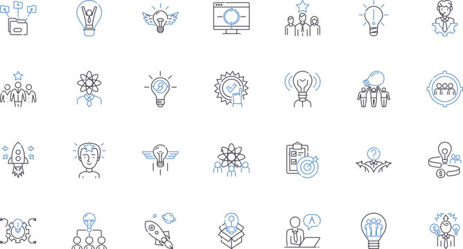 Creativity cultivation line icons collection. Innovation, Inspiration, Imagination, Ingenuity, Resourcefulness, Originality, Artistry vector and linear illustration. Vision,Creativity,Nonconformity