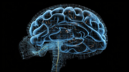 3d brain scanry rendered in transparent blue on black background