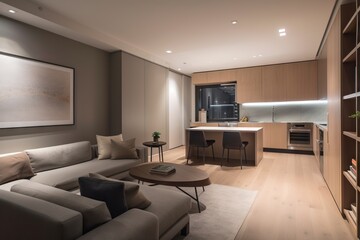 A Living Room With A Couch A Table And A Kitchen Area Living Room Minimalism Smart Homes Generative AI