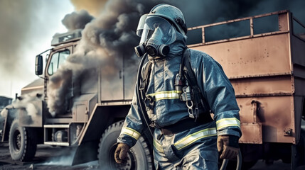Firefighter in protective suit, helmet and gas mask extinguishing flame against background of fire engine. Dark background with smoke and fire. Generative AI. High quality illustration