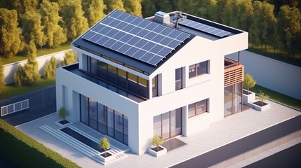 concept house that is covered in solar panels and windows in the front yard