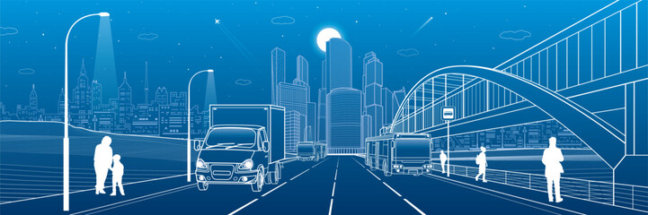 City transportation infrastructure illustration. Passengers get off the bus. people walk down the street. Automotive highway. Cars move. Night town at background, vector design art