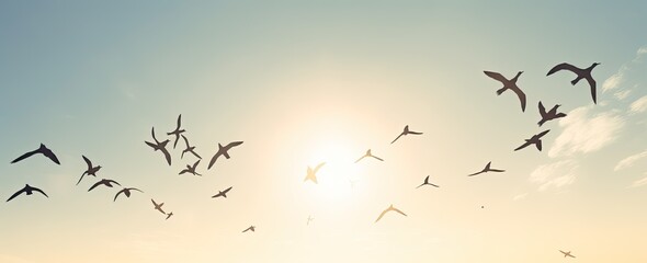 Birds flying in the blue sky and sunlight rays shining on a beautiful day - generative ai