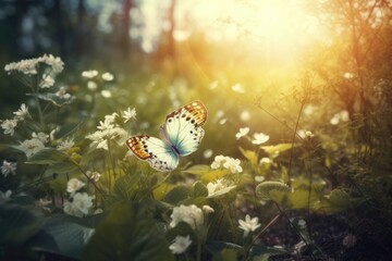 Fototapeta na wymiar Spring forest background with a colorful butterfly, beautiful meadows landscape - generative ai