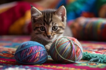 Fototapeta na wymiar A playful kitten batting at a ball of yarn on a colorful rug.