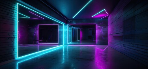 Neon blue and pink lights illuminating a dark room, modern cyberpunk futuristic living room - generative ai