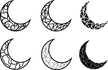 Set of half moon in line art style. Low poly moon shape design can be used in religious occasions like Ramadan or any other events related to crescent. Silhouette can be used as a symbol or logo too.