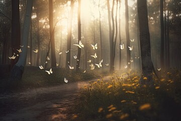 Captivating Flight of White and Yellow Butterflies in the Spring Forest - generative ai