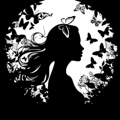 Silhouette girl with butterflies silhouettes. Vector illustration
