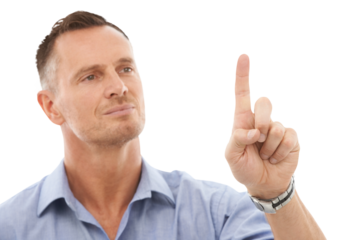 Businessman, looking and finger pointing for ui, invisible screen and technology abstract. Press, male employee and user experience with futuristic dashboard isolated on a transparent png background