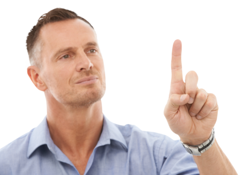 Businessman, looking and finger pointing for ui, invisible screen and technology abstract. Press, male employee and user experience with futuristic dashboard isolated on a transparent png background