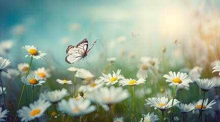 A butterfly over white daisies on a on sunny spring meadow, close-up macro. Landscape wide format, copy space. Delightful pastoral airy artistic image