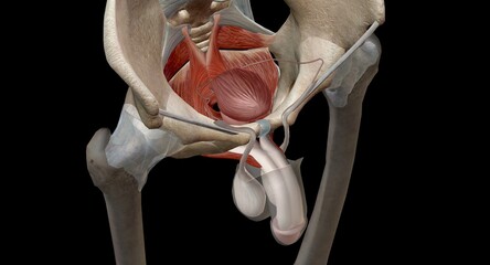 The pelvic floor muscles are located between the tailbone and the pubic bone within the pelvis. - obrazy, fototapety, plakaty