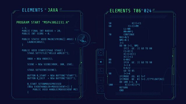 Animated HUD windows with lines of code.