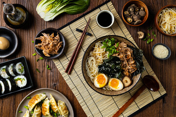 Traditional ramen with jerked pork or chicken.  With udon or ramen noodles. Served in classic bowls. Gyoza dumplings and mushrooms in the background.