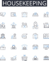 Housekeeping line icons collection. Janitorial Services, Custodial Care, Facility Maintenance, Sanitation Services, Room Cleaning, Mess Management, Tidiness Maintenance vector and linear illustration