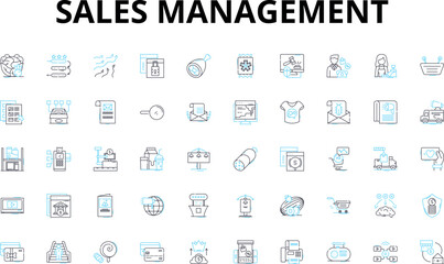 Sales management linear icons set. Prospecting, Pipeline, Forecasting, Territory, Metrics, Training, Performance vector symbols and line concept signs. Quota, Incentives, Strategy illustration - obrazy, fototapety, plakaty