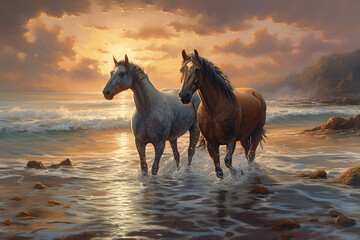 Two horses running on the beach at sunset, Generative AI illustration