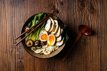 Traditional ramen with jerked pork or chicken.  With udon or ramen noodles. Served in classic...