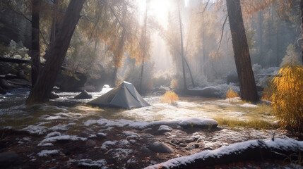 Foggy morning in the forest. A tent stands on the shore of a mountain river. Generative AI