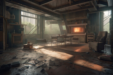 Fototapeta na wymiar Abandoned industrial interior with furniture and equipment, toned image. Generative AI