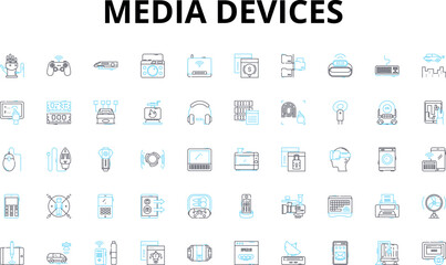 Fototapeta na wymiar Media devices linear icons set. Tablet, Laptop, Smartph, Television, Camera, Smartwatch, Gaming vector symbols and line concept signs. Headphs,Earbuds,Speaker illustration
