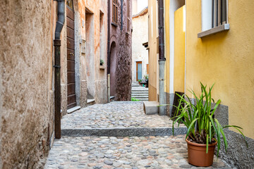 Morcote, Ticino, Switzerland - May 21, 2022 Narrow streets of beautiful Morcote cityscape