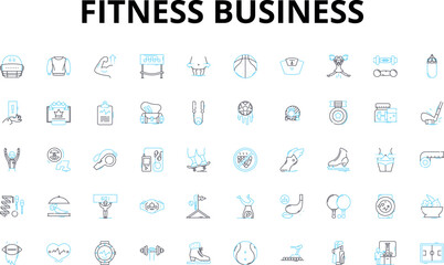 Fitness business linear icons set. Wellness, Health, Strength, Endurance, Gym, Workout, Exercise vector symbols and line concept signs. Cardio,Weightlifting,Yoga illustration