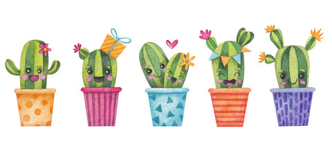 A set with different cute cacti. Watercolor illustration. Nature. Natural. Cartoon. House plants. Green color. Succulents. Flower pots. Art. Design. Flora. Bright.