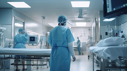 Obraz premium Back view of female surgeon in a hospital intensive care unit. Generative AI