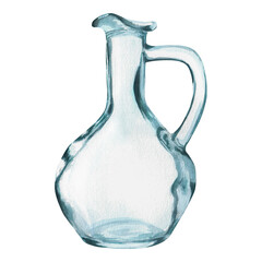 Hand drawn watercolor illustration of crystall clear glass jug without stopper. An illustration to combine with different images for printing design, postcards, covers, web, etc.