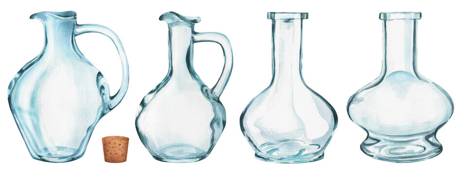 Hand drawn watercolor set of illustrations: glass jugs and bottles. Four objects to combine with different images for printing design, postcards, covers, web, etc.