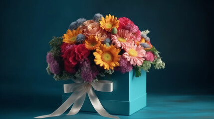 Colorful flower bouquet in gift box. Mother's day concept. Generative AI 