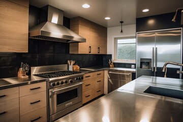 stainless steel countertops and backsplash in modern kitchen with sleek cabinets and black accents, created with generative ai