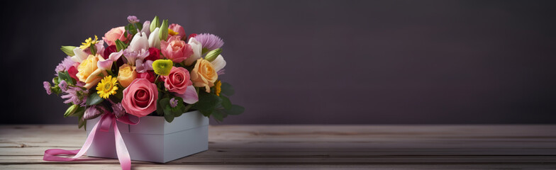 Colorful flower bouquet in gift box with copy space. Mother's day concept. Generative AI