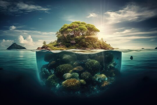 surreal float island surrounded by beautiful and serene underwater ocean scenery, created with generative ai