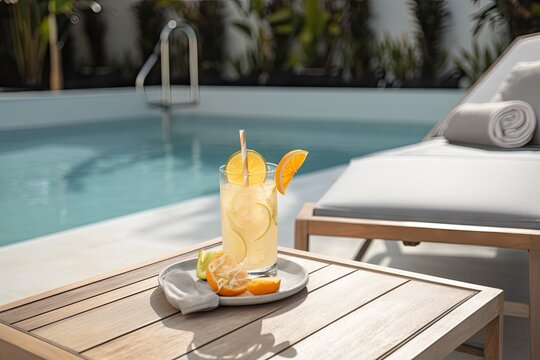 poolside lounge chair and refreshing beverage for staycation escape, created with generative ai
