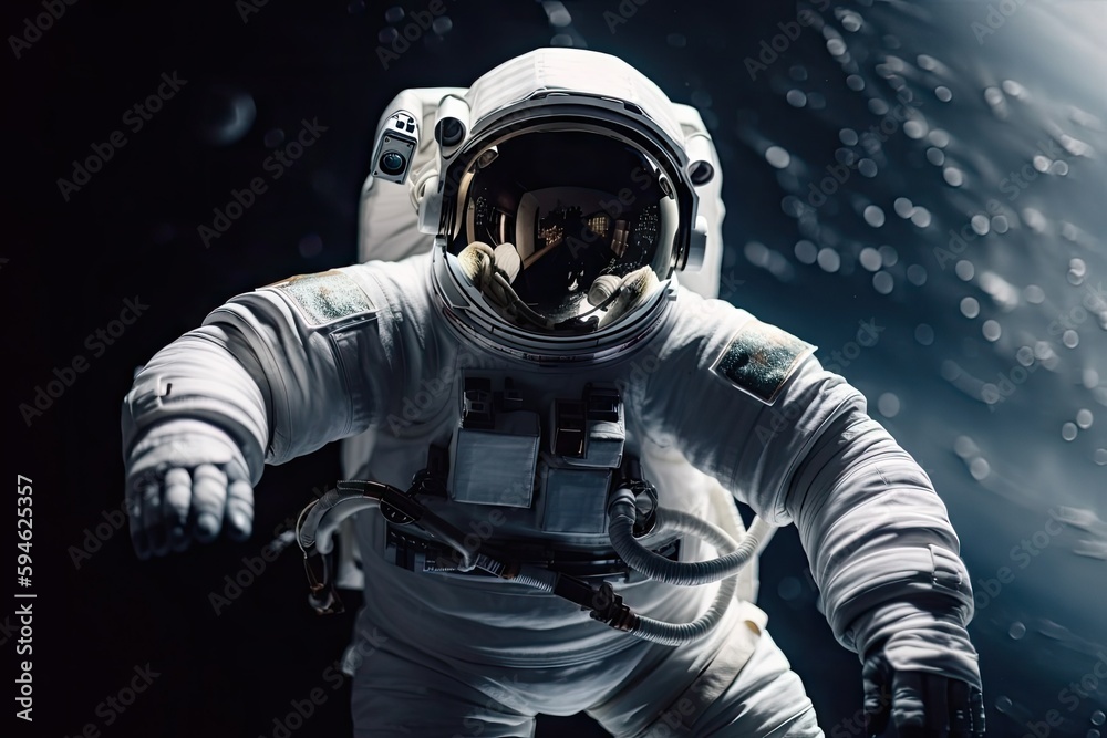 Wall mural astronaut, floating in the zero-gravity environment of space, with view of distant planets and stars