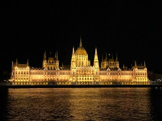 Illuminated Hungarian Parliament Building at night. Budapest, Hungary.