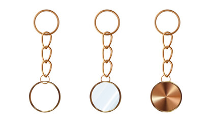 A set of copper or bronze key chains in the shape of a circle. Chains made of metal or alloy. Metal key holders isolated on white background.