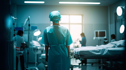 Back view of surgeon woman in a hospital intensive care unit. Generative AI