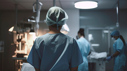 Fototapeta na wymiar Back view of surgeon woman in a hospital intensive care unit. Generative AI