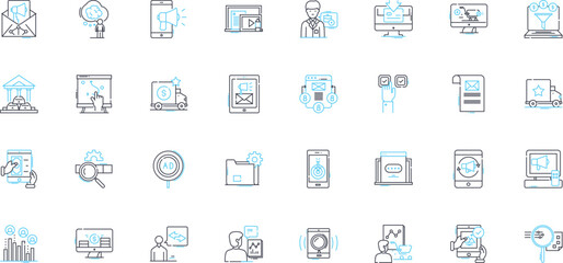 Promotion campaigns linear icons set. Marketing, Advertising, Branding, Sales, Social media, Promotion, Endorsement line vector and concept signs. Campaign,Publicity,Print media outline illustrations