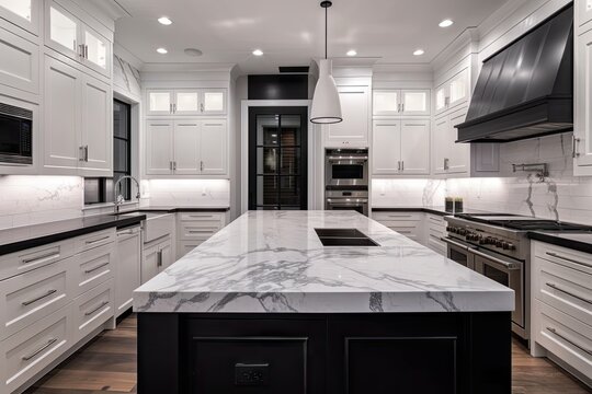 white kitchen with black appliances and sleek marble countertops, created with generative ai