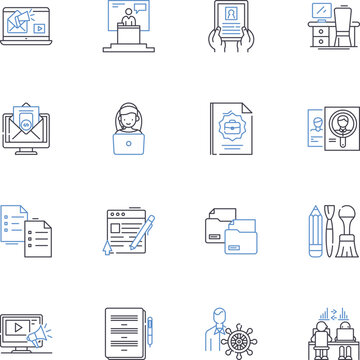 Recitation line icons collection. Chanting, Memorization, Performance, Hymn, Psalm, Song, Verse vector and linear illustration. Audio,Elocution,Faith outline signs set