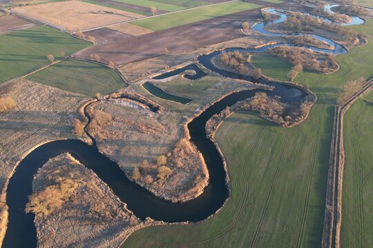 Beautiful meanders of the Gwda River in Poland seen from a drone